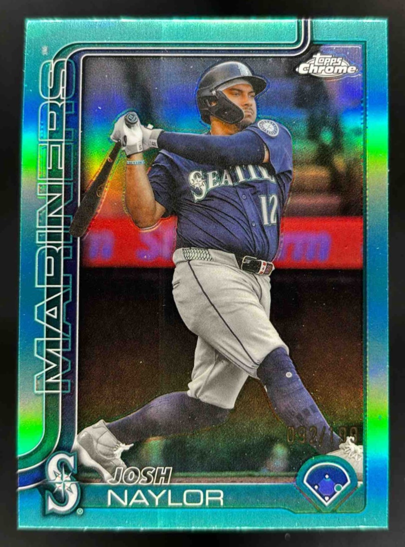 Card image for 2025 Topps Chrome Update Josh Naylor Aqua Refractor /199 #USC62 Mariners