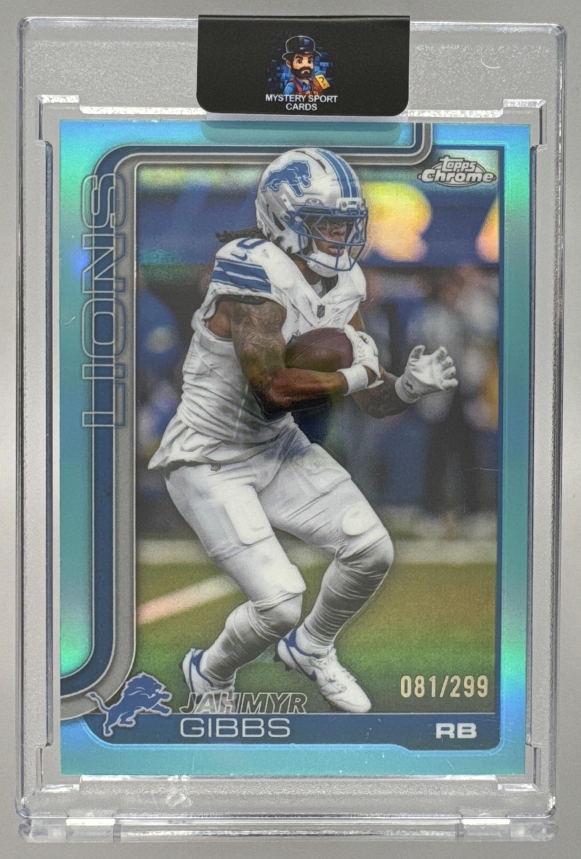 Card image for 2025 Topps Football Chrome Jahmyr Gibbs Teal Refractor /299 #101 Detroit Lions