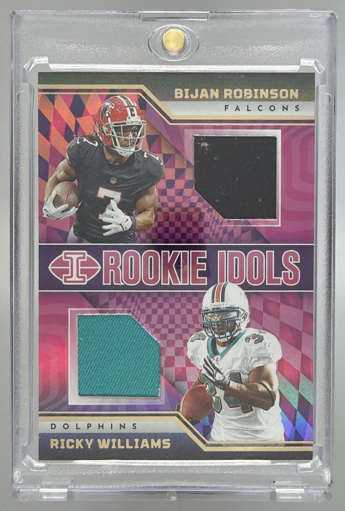 Card image for 2023 Panini Illusions Bijan Robinson Ricky Williams Rookie Idols Dual Memoribilia #RM-RW MEM