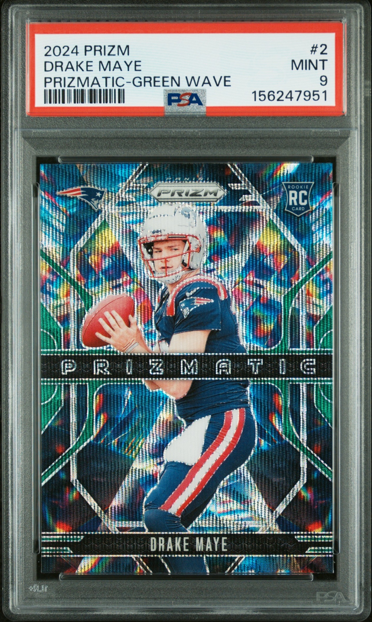 Card image for 2024 Panini Prizm Drake Maye Prizmatic Green Wave #2 RC Patriots
