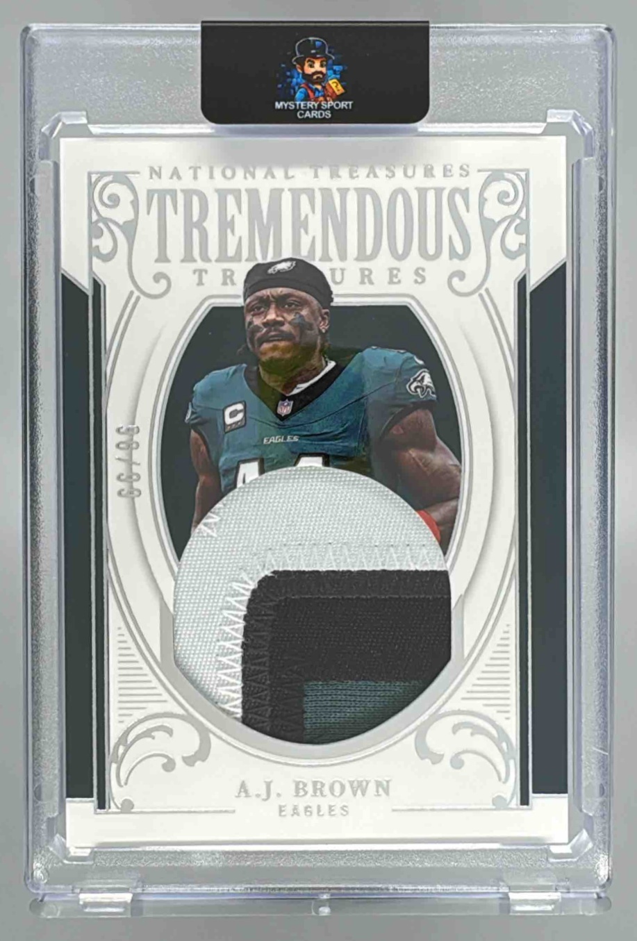 Card image for 2025 Panini National Treasures A.J. Brown Tremendous /99 #TT-ABJ MEM Eagles