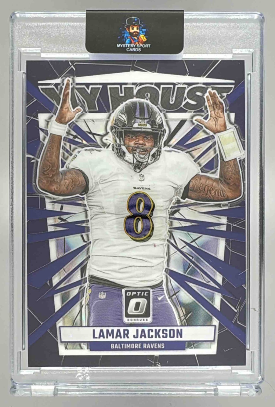 Card image for 2023 Panini Donruss Optic Lamar Jackson My House! Purple Stars /25 #17 Ravens