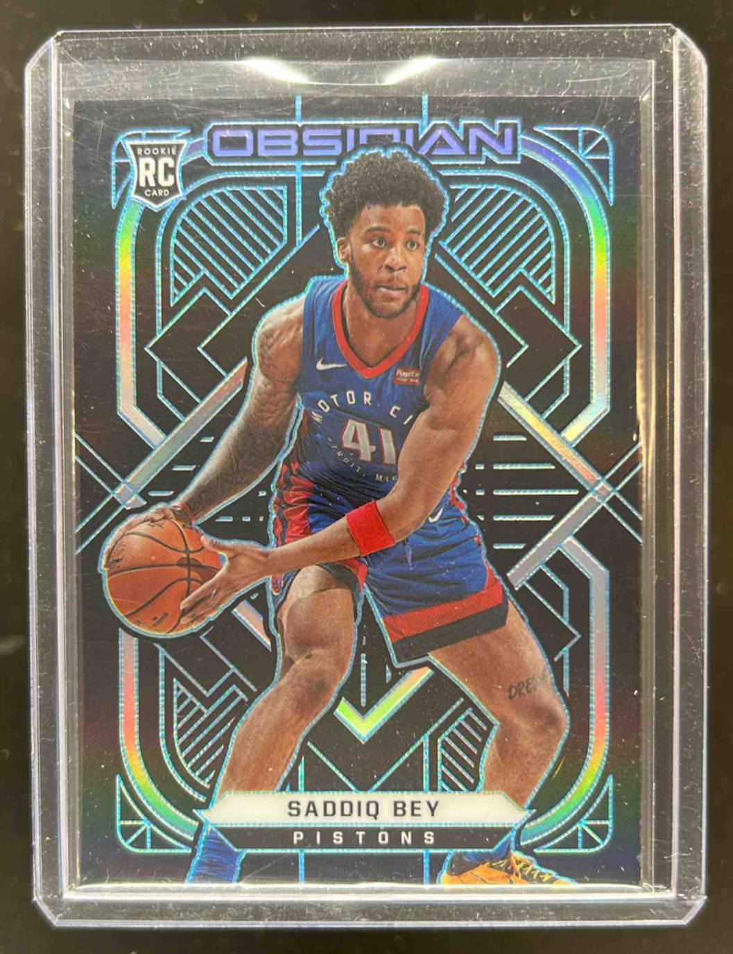 Card image for 2020-21 Panini Obsidian Saddiq Bey Electric Etch Blue FOTL 15 /16 #159 RC Rookie