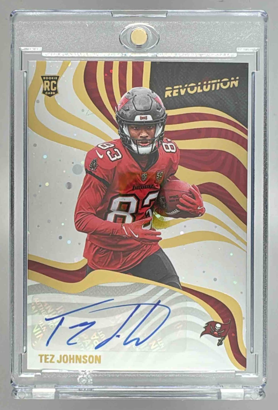 Card image for 2025 Panini Revolution Tez Johnson Signatures Swirl #RSA-TJN RC Auto Buccaneers