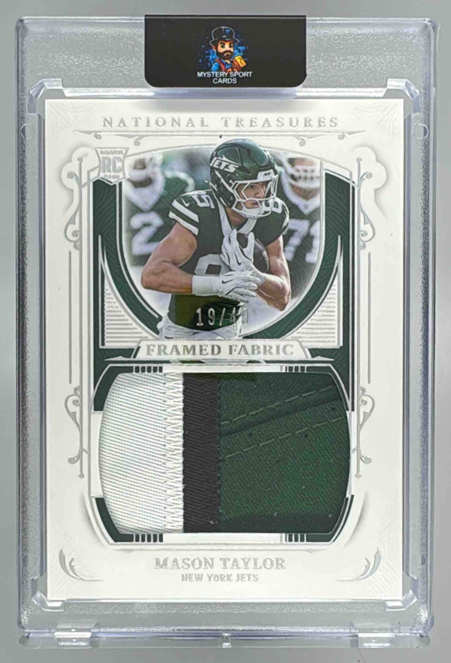 Card image for 2025 Panini National Treasures Mason Taylor Framed Fabric /49 #FF-MTR RC MEM Jets