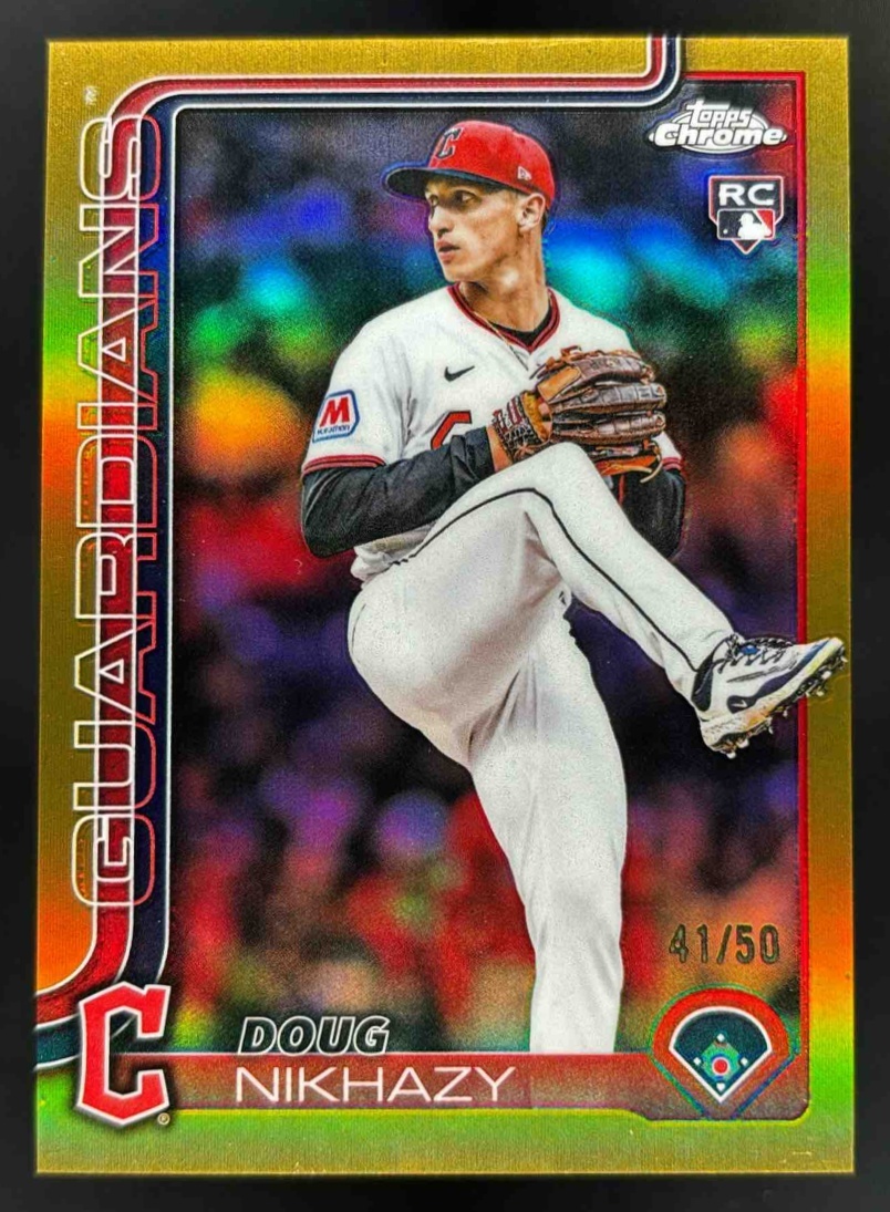 Card image for 2025 Topps Chrome Update Doug Nikhazy Gold Refractor /50 #USC119 RC Guardians