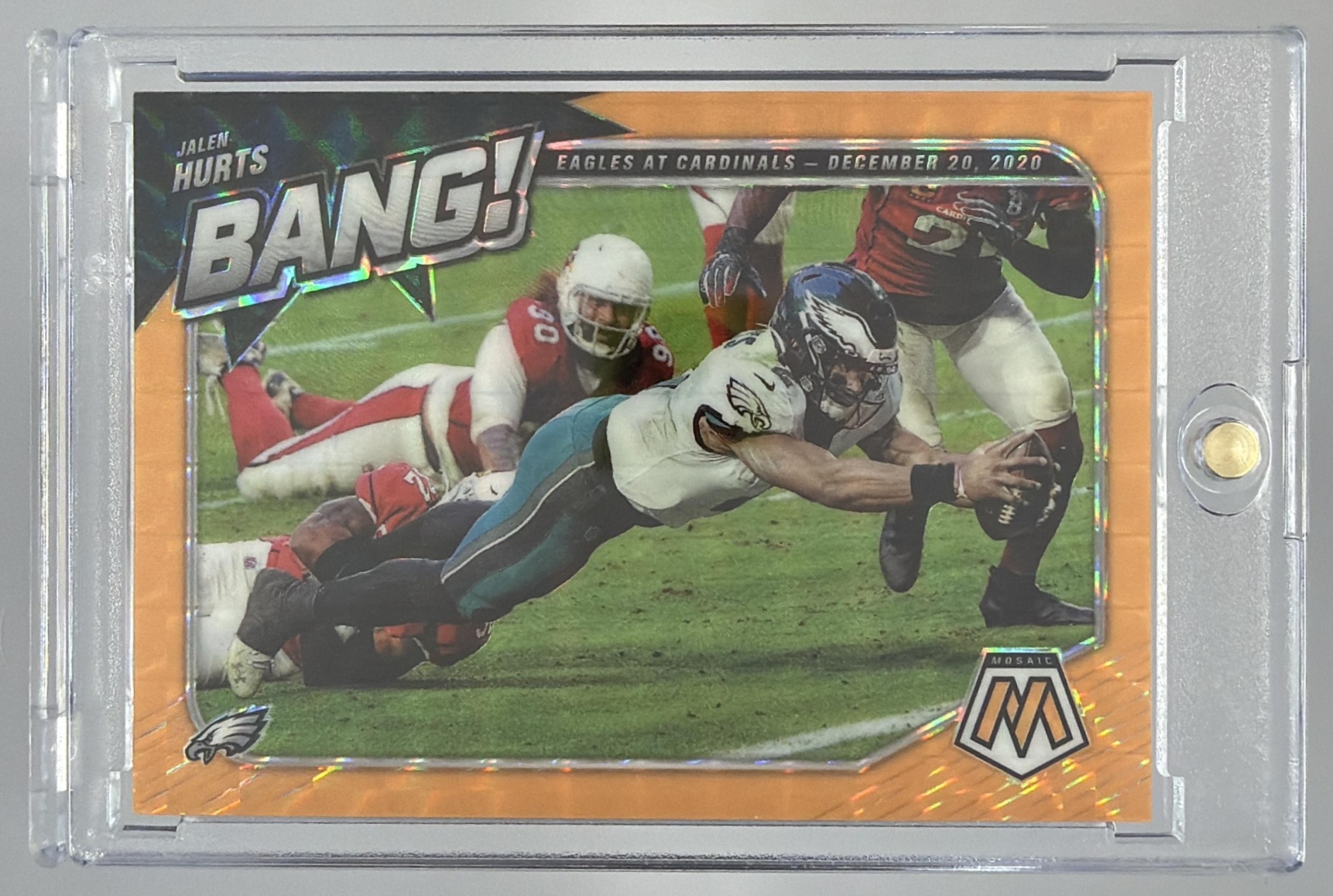 Card image for 2021 Panini Mosaic Jalen Hurts Bang! Mosaic Orange Fluorescent /25 #B-4 Eagles