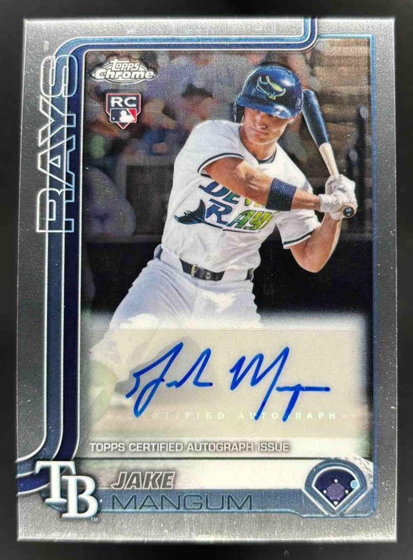 Card image for 2025 Topps Chrome Update Jake Mangum Auto #AC-JM RC Rays