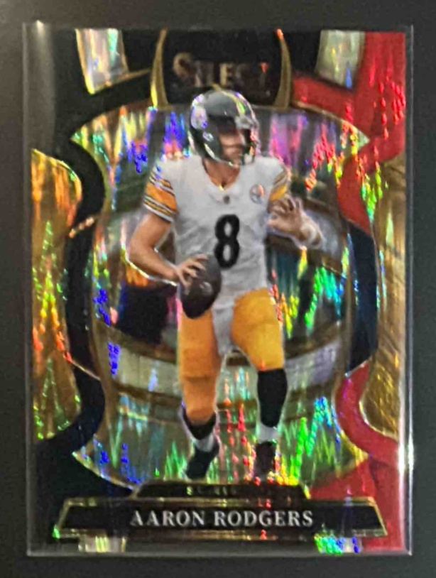 Card image for 2025 Panini Select Aaron Rodgers #51 Concourse Black and Red Prizm Shock