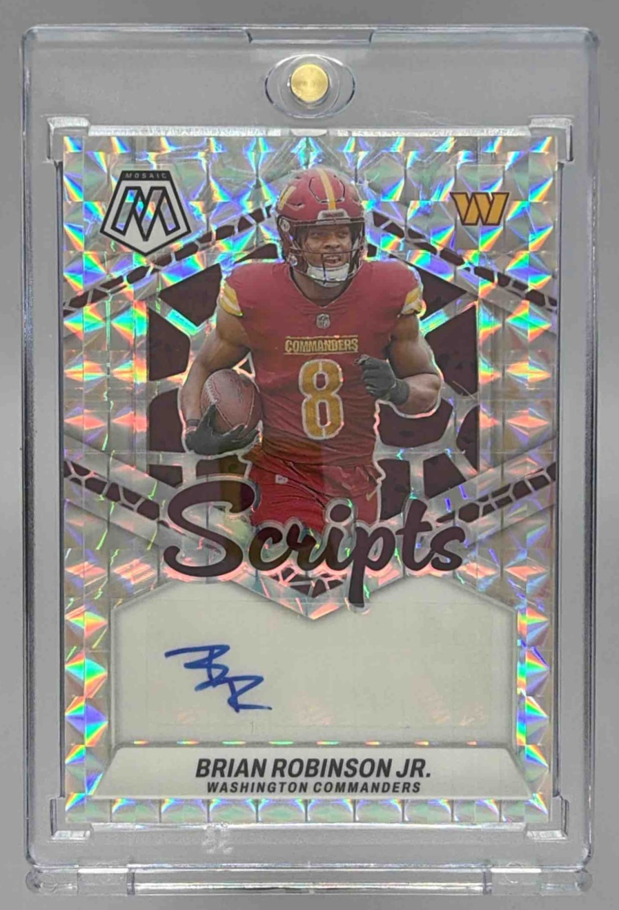 Card image for 2024 Panini Mosaic Brian Robinson Jr. Scripts Mosaic Prizm #SC-BRJ Auto Commanders