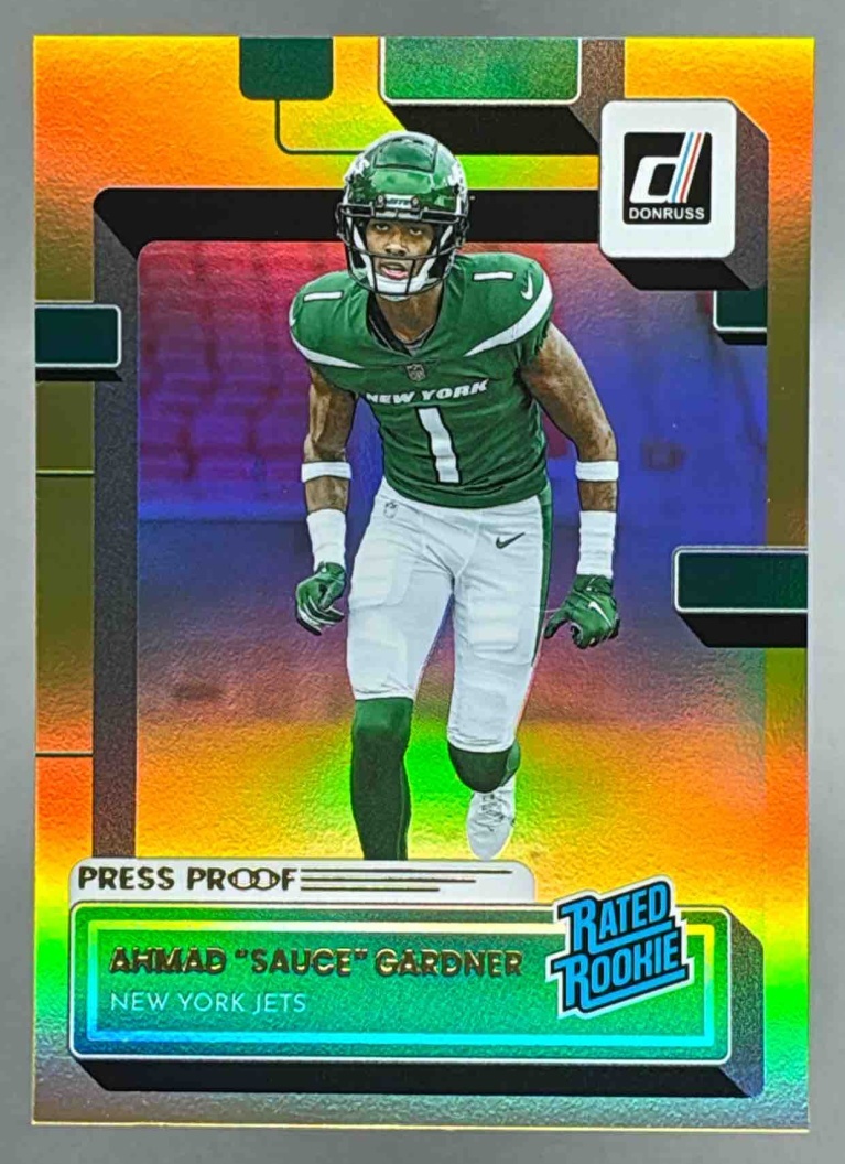 Card image for 2022 Panini Donruss Ahmad Sauce Gardner Premium Press Proof #328 RC Rated Rookie Jets
