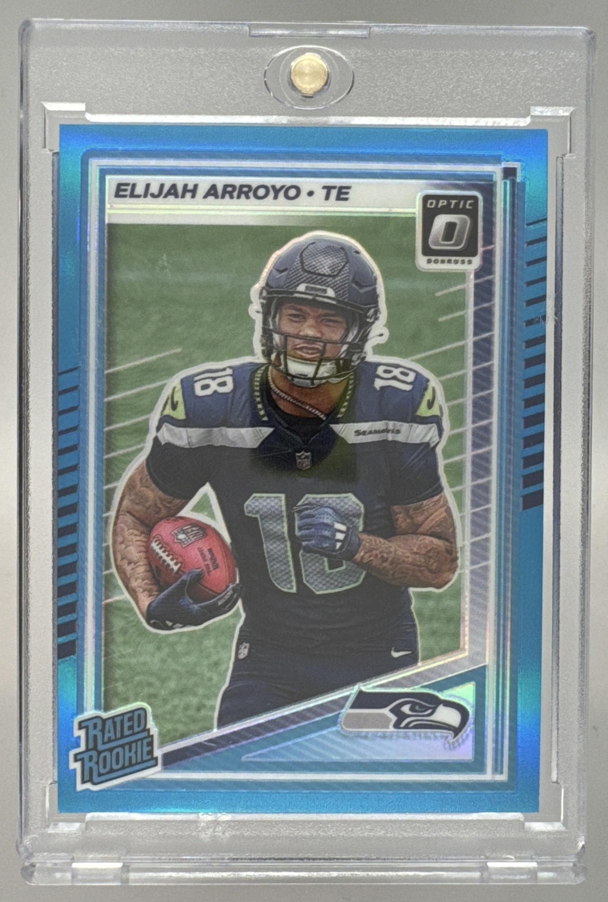 Card image for 2025 Panini Donruss Optic Elijah Arroyo Rated Rookie Aqua Prizm /349 #214 Seahawks