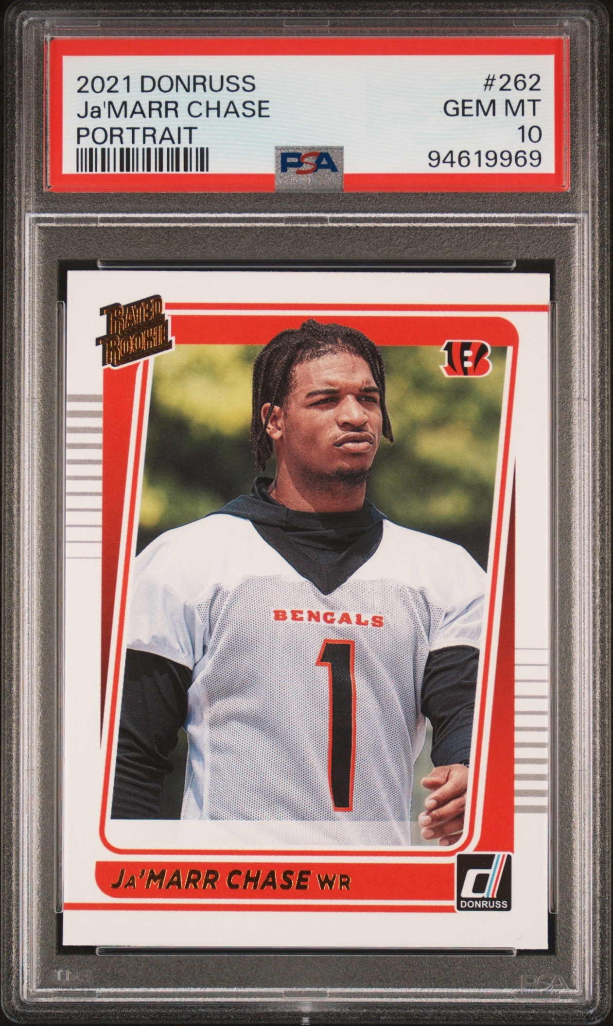 Card image for 2021 Panini Donruss Ja'Marr Chase Rated Rookie Portrait #262 RC Bengals