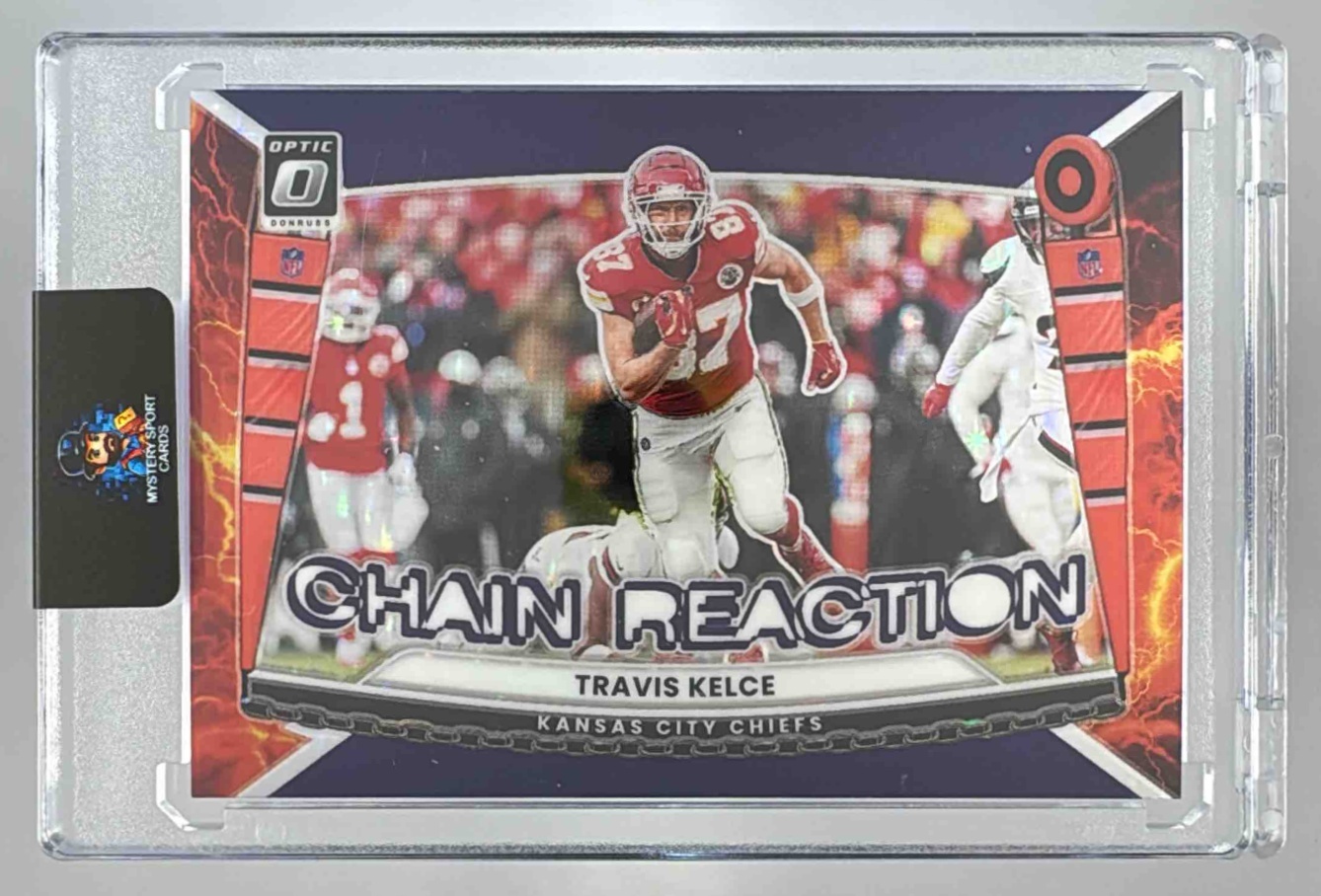 Card image for 2025 Panini Donruss Optic Travis Kelce Chain Reaction Purple Stars Prizm /25 #7 Chiefs
