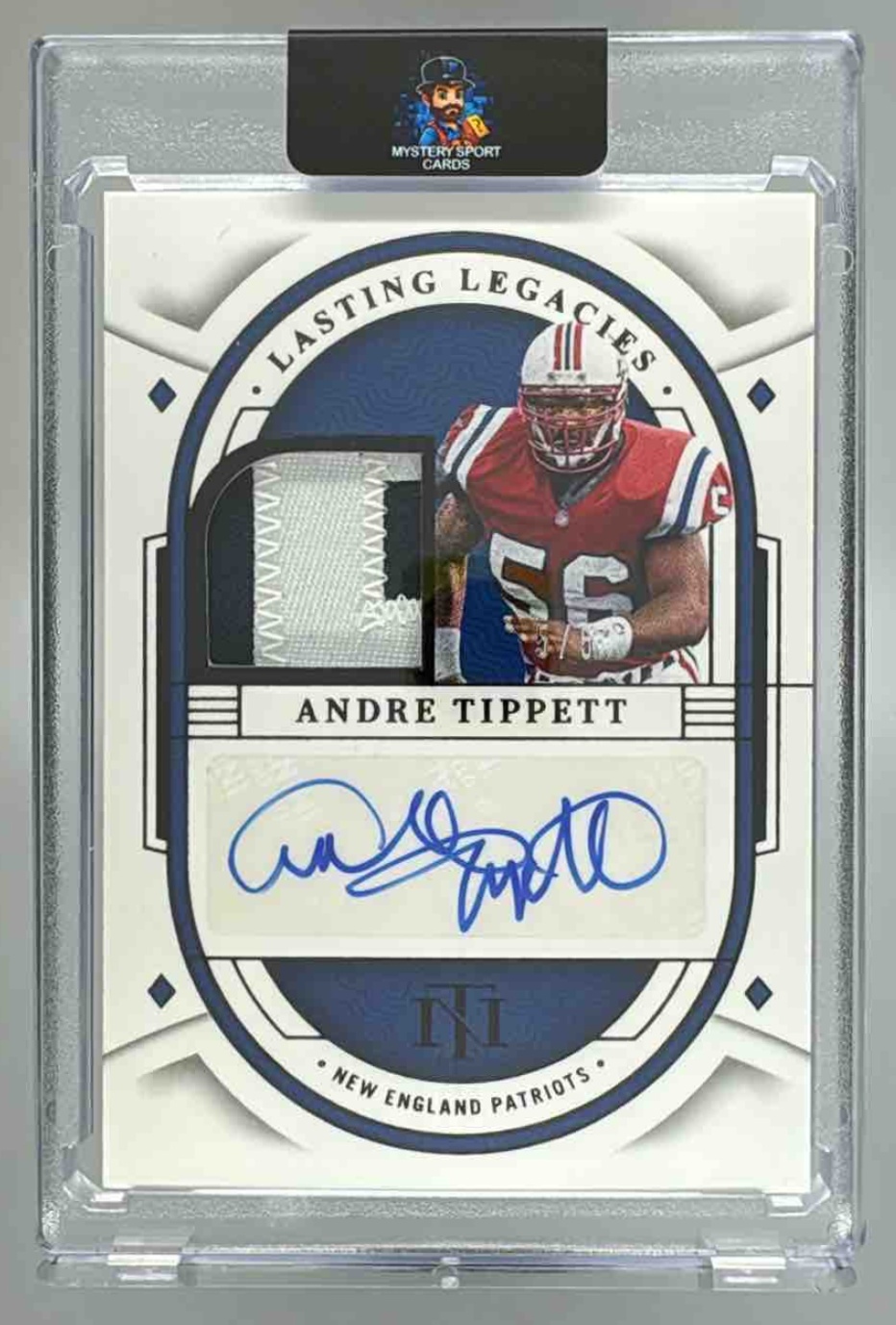 Card image for 2023 Panini National Treasures Andre Tippett Lasting Legacies /6 #LLE-ATI MEM Auto Patriots