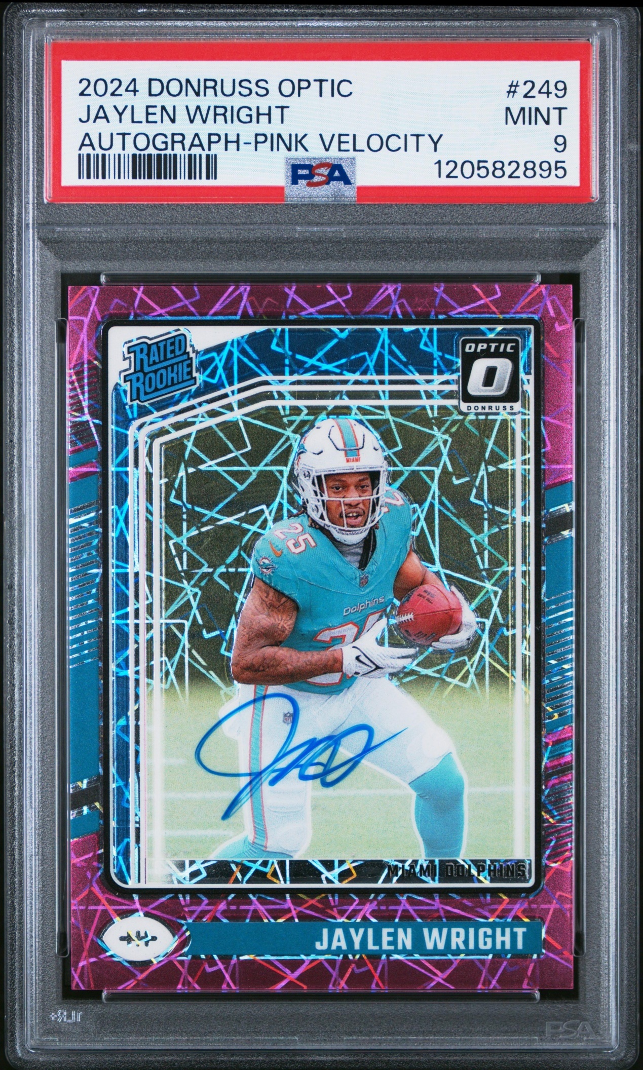 Card image for 2024 Panini Donruss Optic Jaylen Wright Rated Rookie RPS Auto Pink Velocity /50 #249 Dolphins