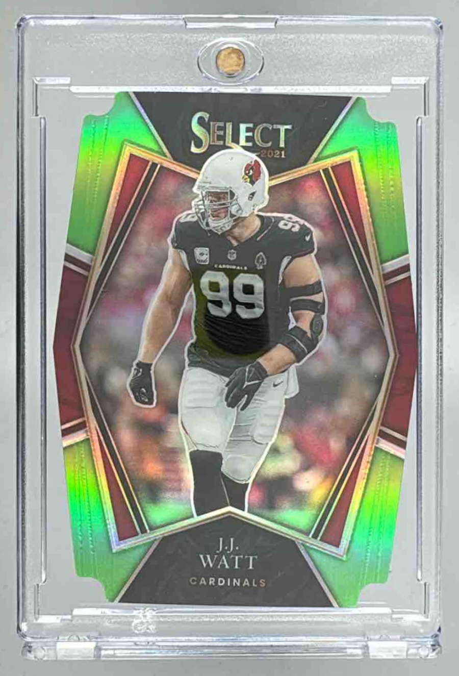 Card image for 2021 Panini Select J.J. Watt Neon Green Prizm Die Cut /349 #103 Premier Level Cardinals