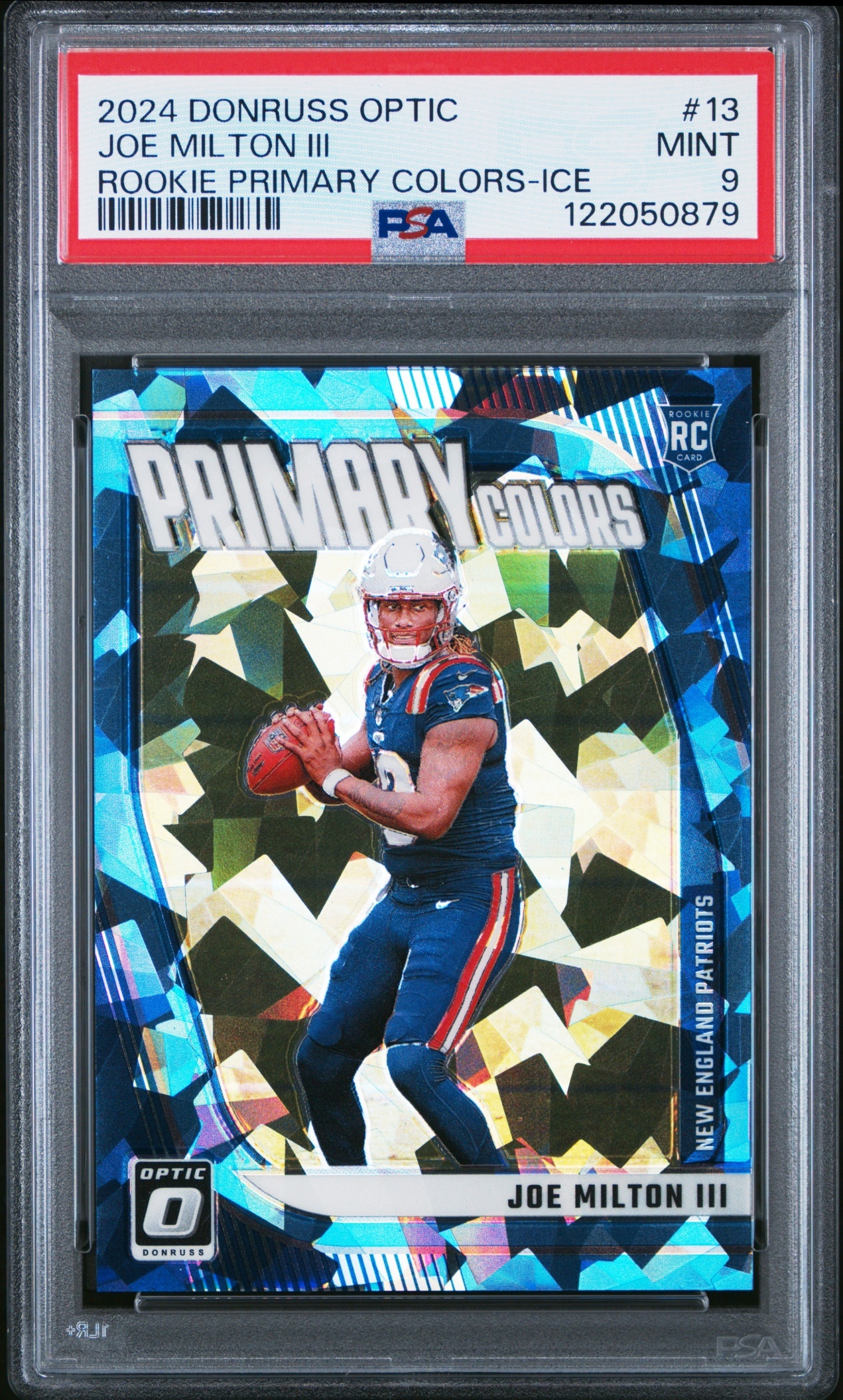 Card image for 2024 Panini Donruss Optic Joe Milton III Rookie Primary Colors Ice /15 #13 RC Patriots
