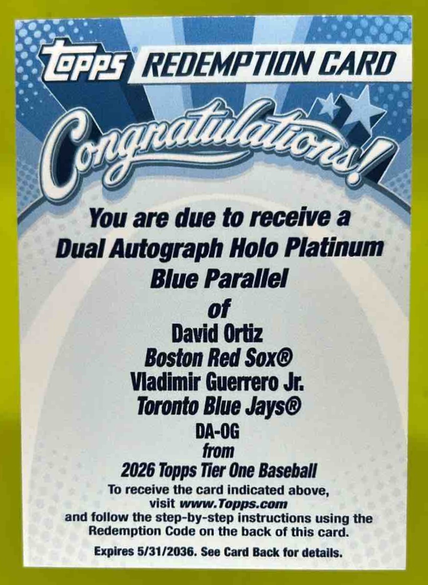 Card image for Vladimir Guerrero Jr. & David Ortiz Tier One Auto Holo Platinum Blue Foil 1/1