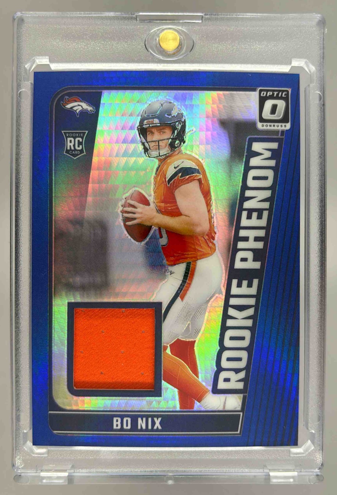 Card image for 2024 Panini Donruss Optic Bo Nix Rookie Phenoms Blue Hyper #RPB-BNX MEM RC Broncos