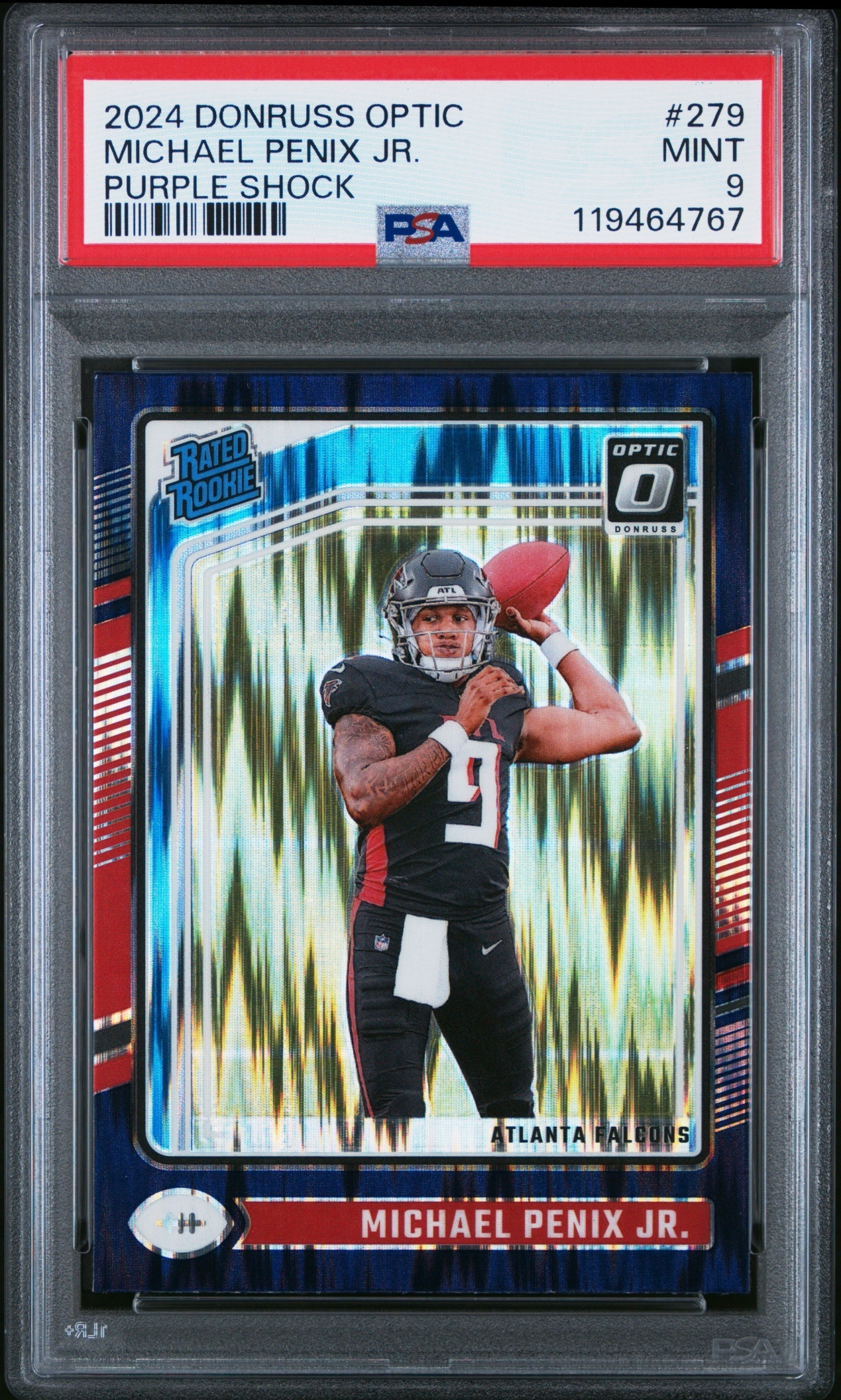Card image for 2024 Panini Donruss Optic Michael Penix Jr. Purple Shock #279 Rated Rookie Falcons
