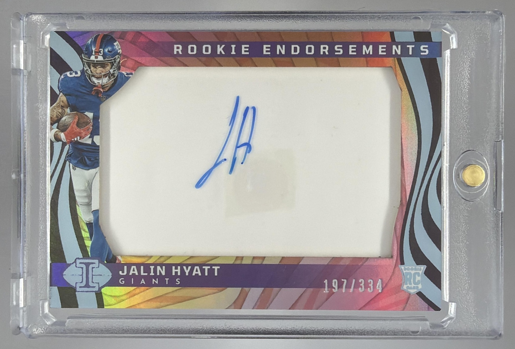 Card image for 2023 Panini Illusions Jalin Hyatt Rookie Endorsements /334 #RE-JHT RC Auto Giants