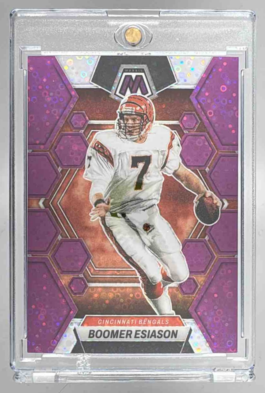 Card image for 2023 Panini Mosaic Boomer Esiason Purple No Huddle Mosaic Prizm /50 #46 Bengals