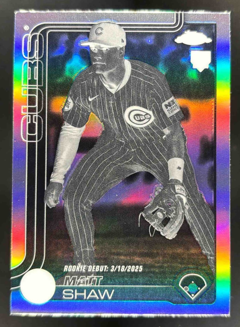 Card image for 2025 Topps Chrome Update Matt Shaw Negative Refractor #USC135 RC Cubs