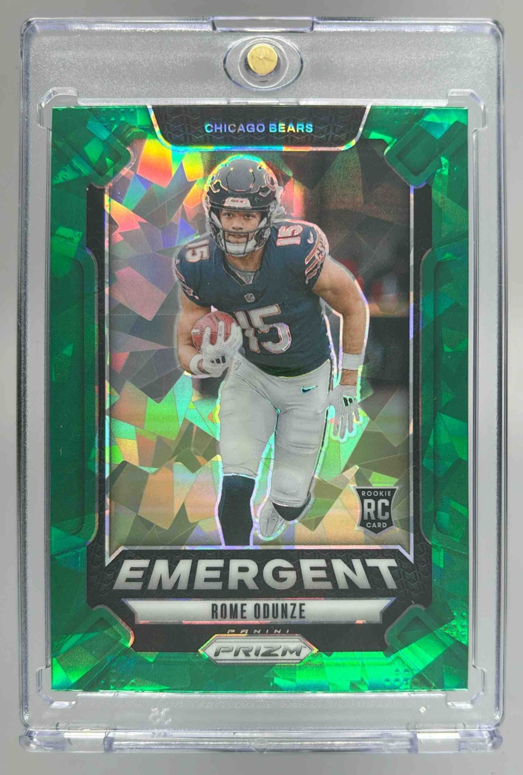 Card image for 2024 Panini Football Prizm Rome Odunze Emergent Green Wave #11 RC Chicago Bears