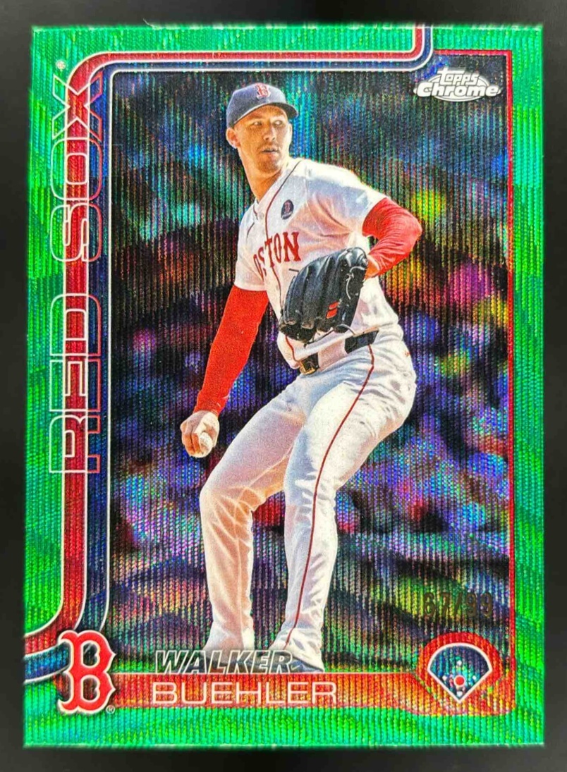 Card image for 2025 Topps Chrome Update Walker Buehler Green Wave Refractor /99 #USC55 Red Sox