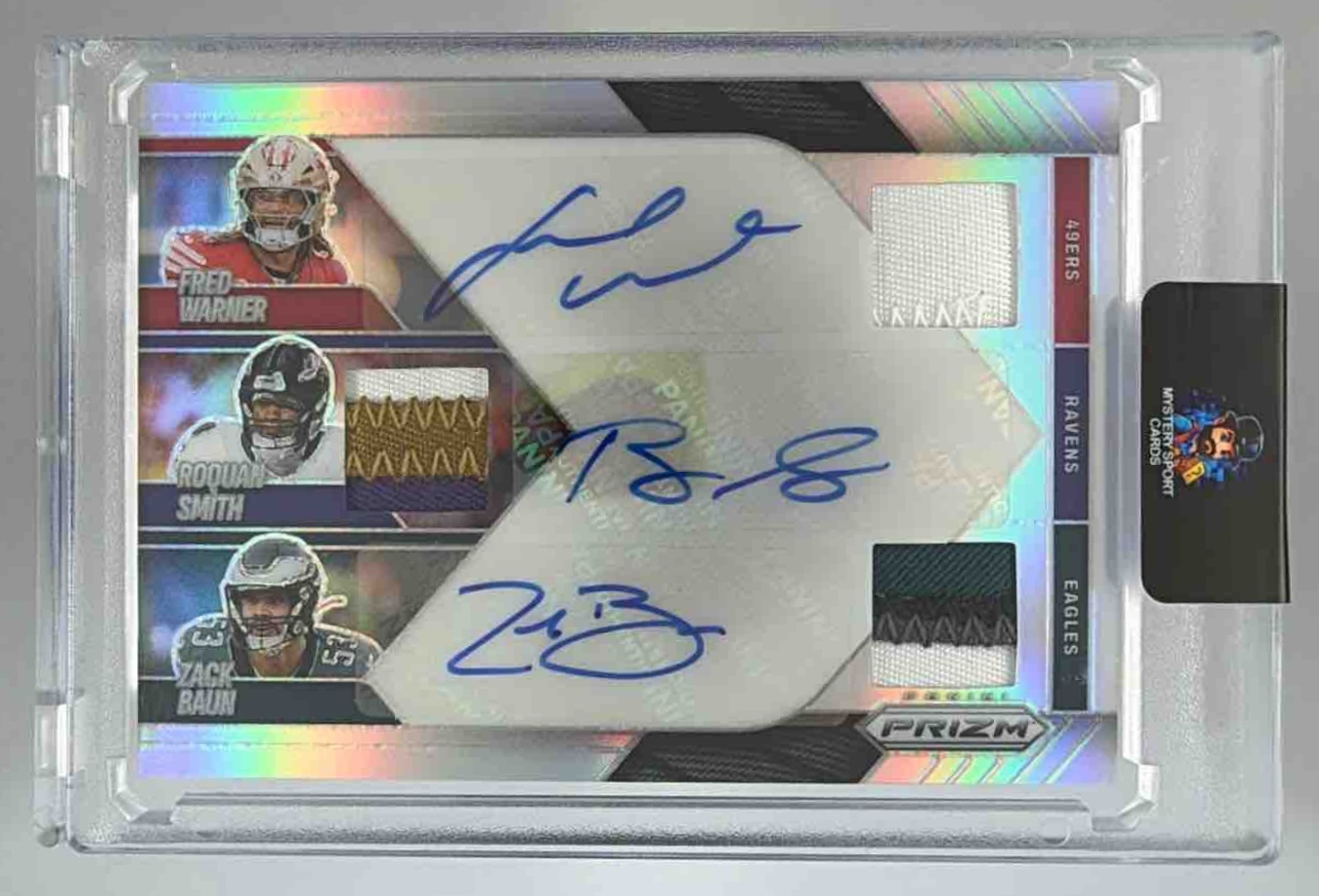 Card image for 2025 Panini Prizm Fred Warner Roquan Smith Zack Baun Triple Patch Auto /99 #TPA-LB