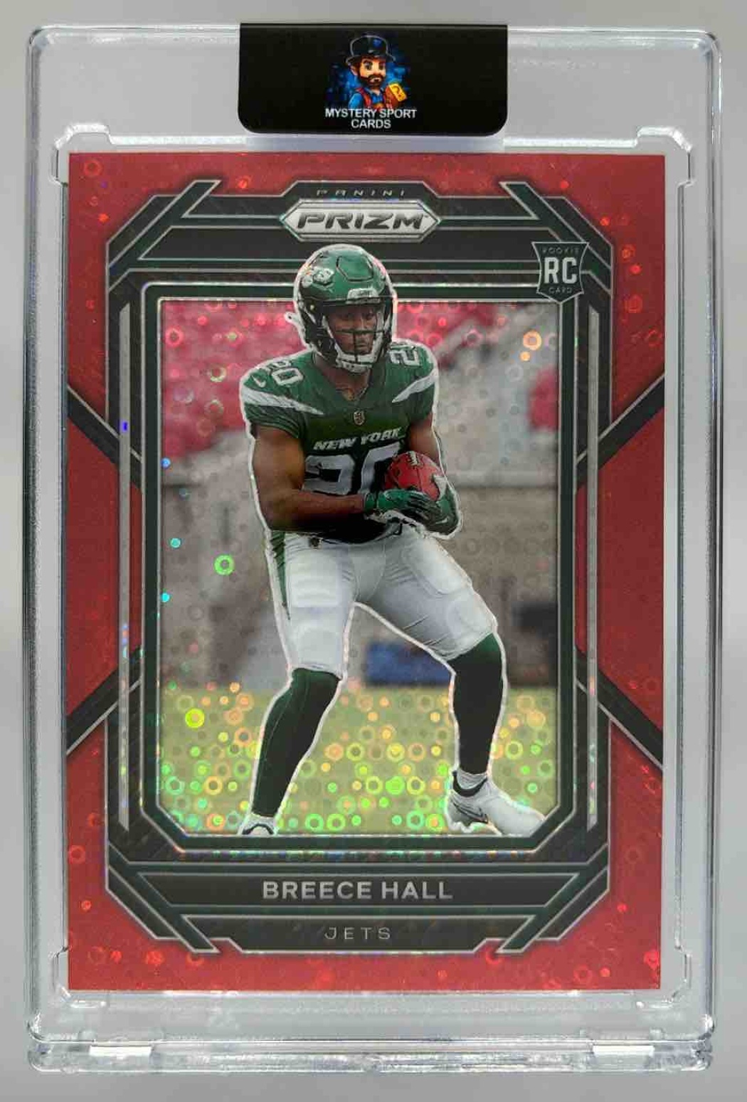 Card image for 2022 Panini Football Prizm Breece Hall No Huddle Red /50 #317 RC New York Jets