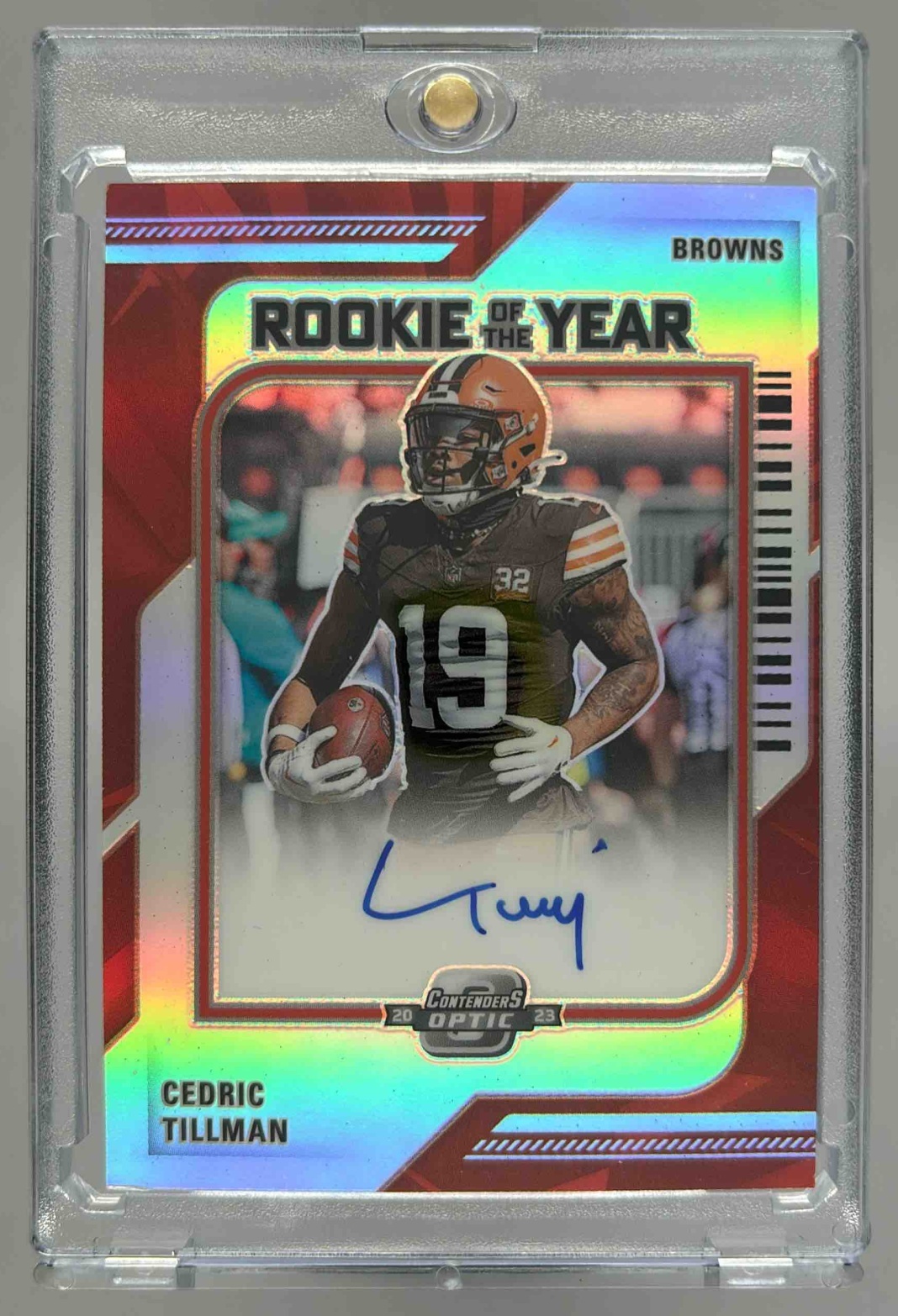 Card image for 2023 Panini Contenders Optic Cedric Tillman Rookie of the Year /99 #ROY-CT RC Auto Browns