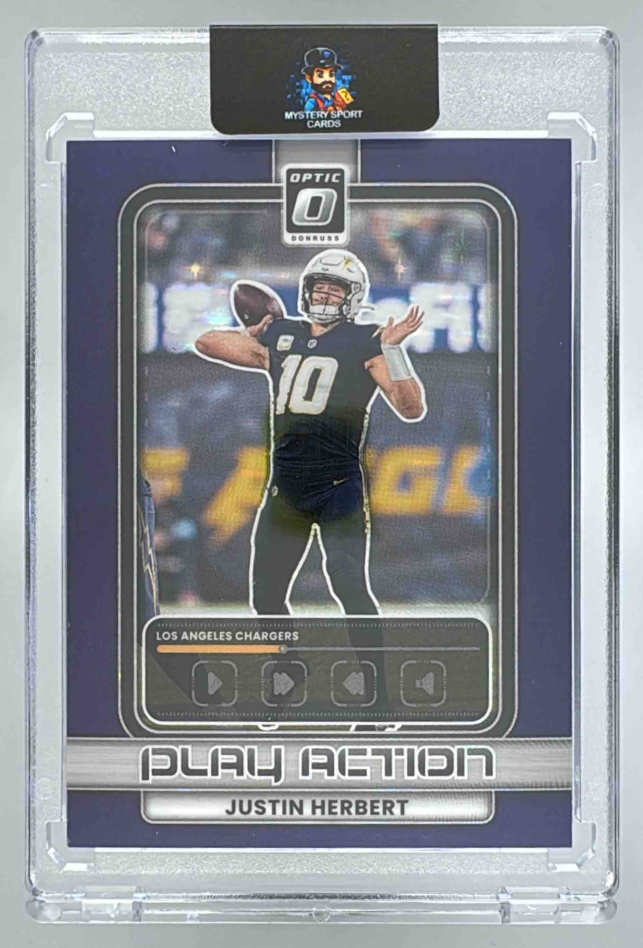 Card image for 2025 Panini Donruss Optic Justin Herbert Passing Grade Purple Stars Prizm /25 #10 Chargers