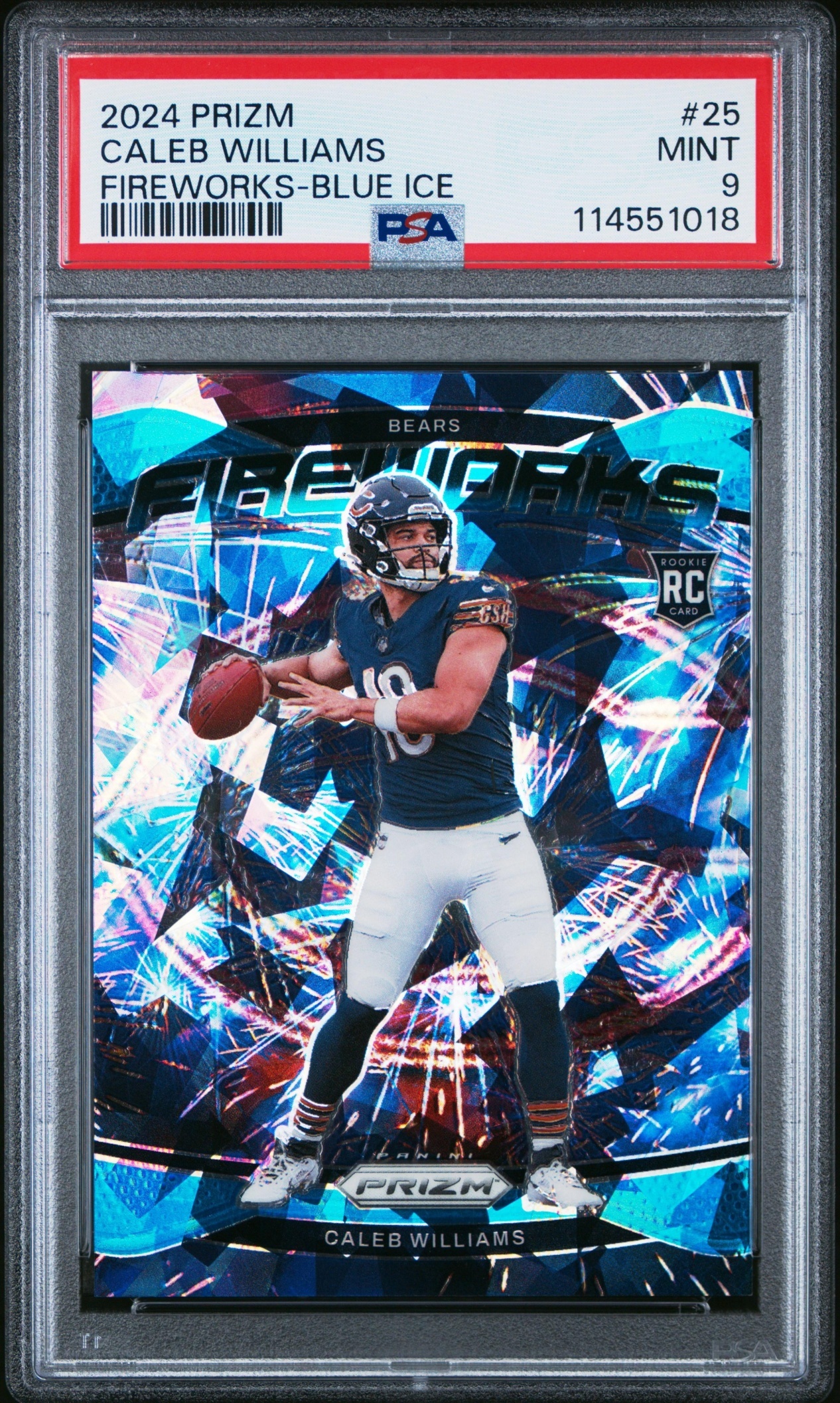 Card image for 2024 Panini Prizm Caleb Williams Fireworks Blue Ice /99 #25 RC Bears