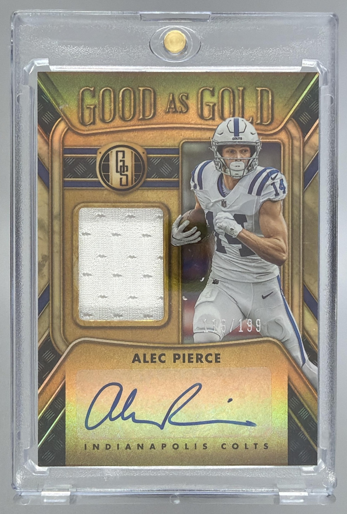 Card image for 2023 Panini Gold Standard Alec Pierce Good as /199 #15 Auto MEM Colts