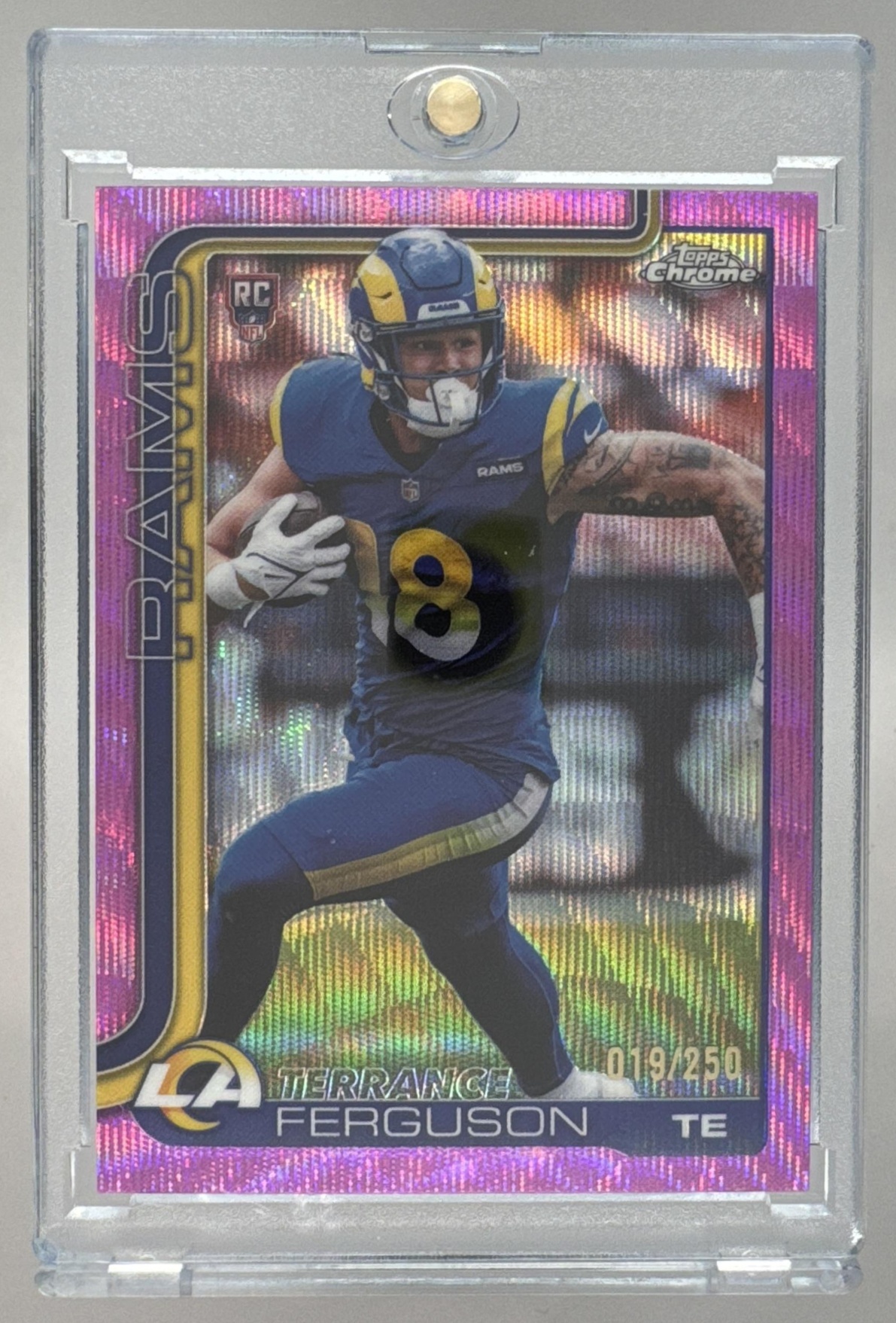 Card image for 2025 Topps Chrome Terrance Ferguson Rookie Pink Wave Refractor /250 #335 RC Rams