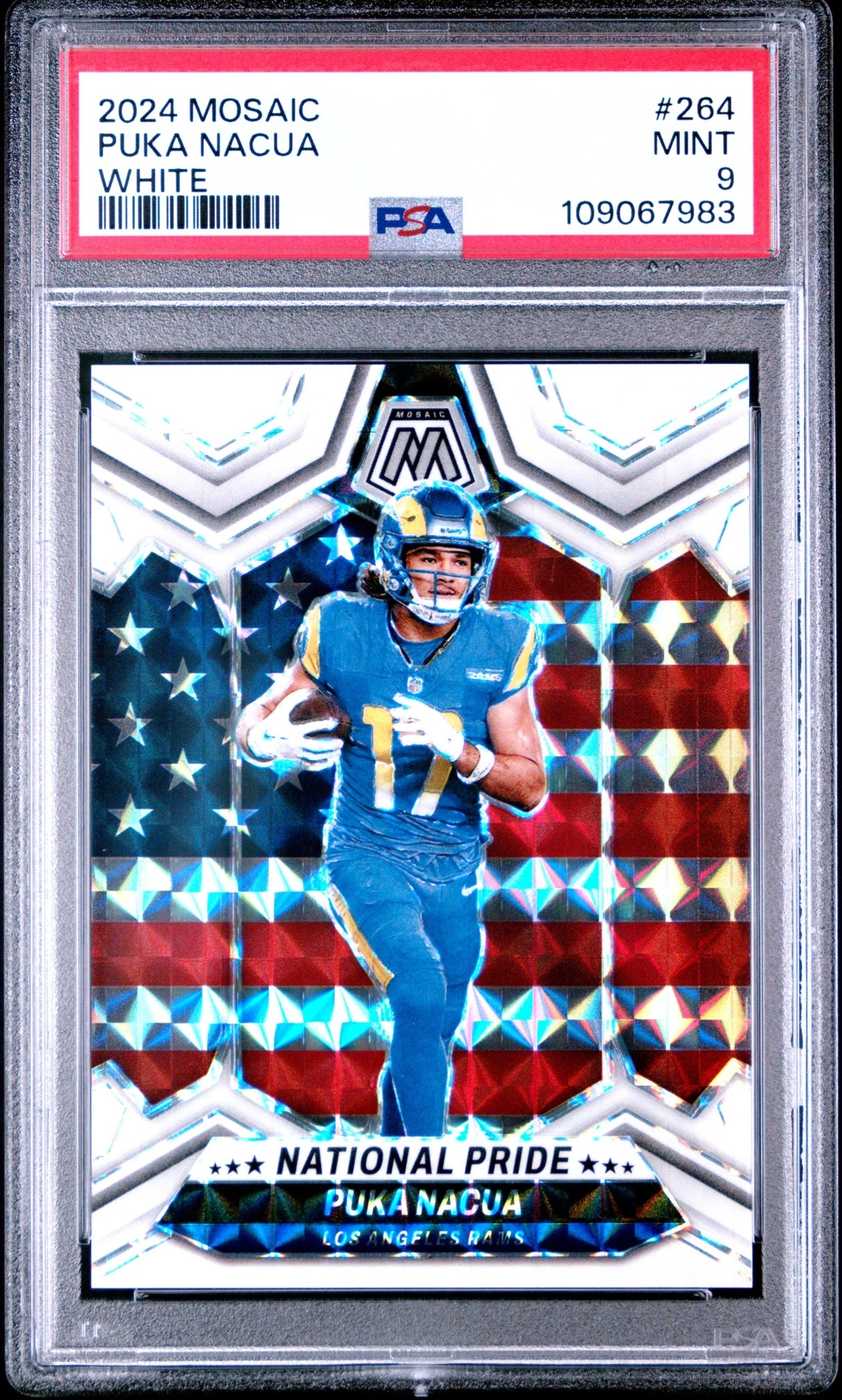 Card image for 2024 Panini Mosaic Puka Nacua White Prizm /25 #264 National Pride Rams