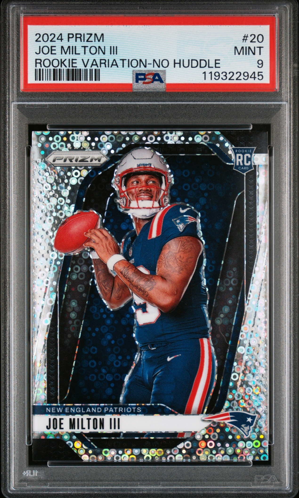 Card image for 2024 Panini Prizm Joe Milton III Rookie Variations No Huddle #20 RC VAR Patriots