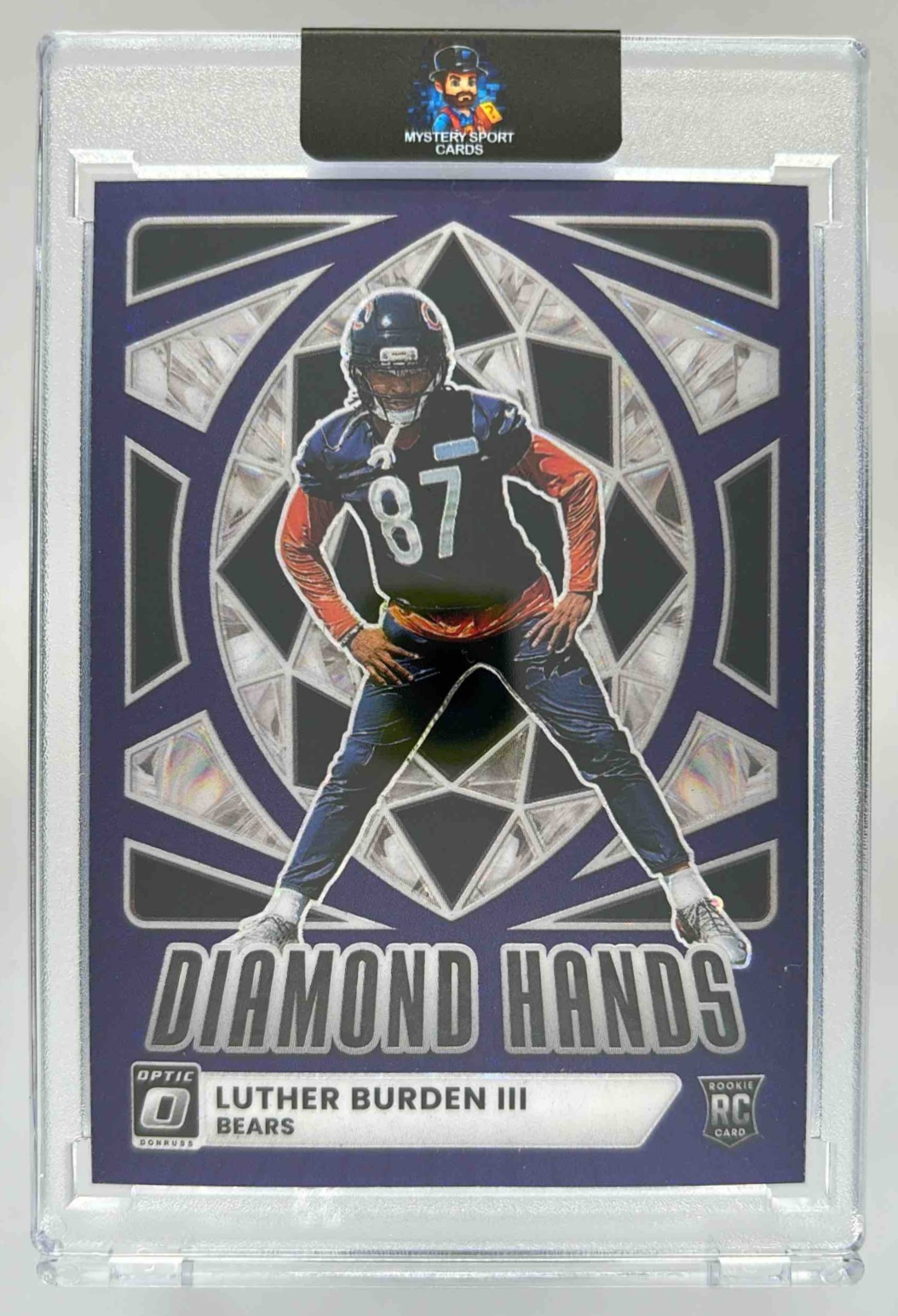 Card image for 2025 Panini Donruss Optic Luther Burden III Diamond Hands Purple Stars Prizm /25 #5 RC Bears