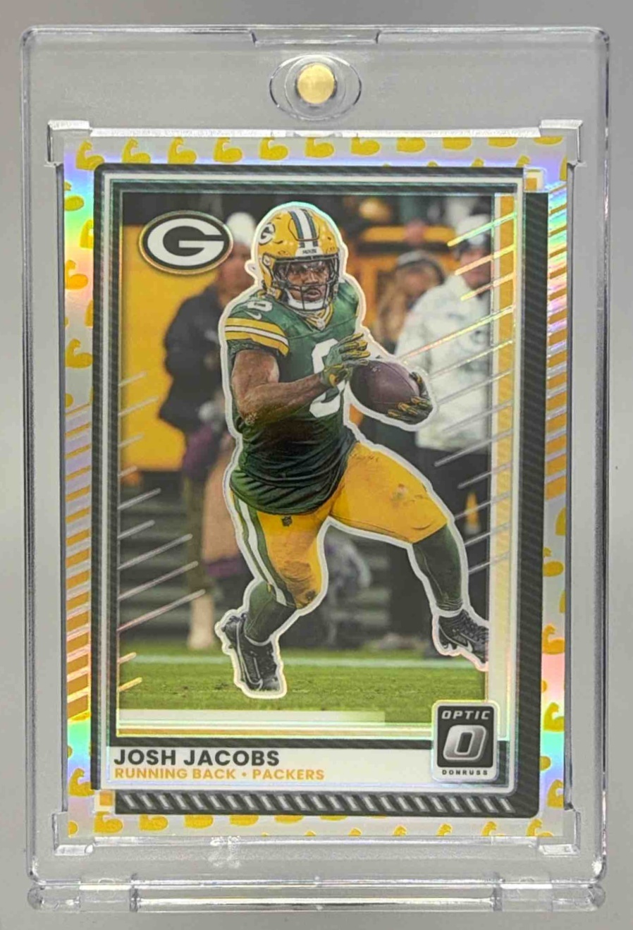Card image for 2025 Panini Donruss Optic Josh Jacobs Flex Prizm /199 #128 Packers