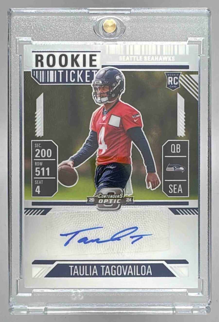 Card image for 2024 Panini Contenders Optic Taulia Tagovailoa Rookie Ticket Auto #143 RC Seahawks