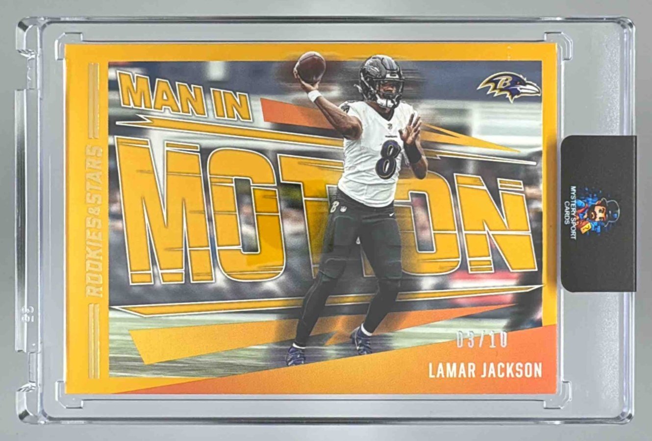 Card image for 2023 Panini Rookies & Stars Lamar Jackson Man In Motion #MM-24 Ravens