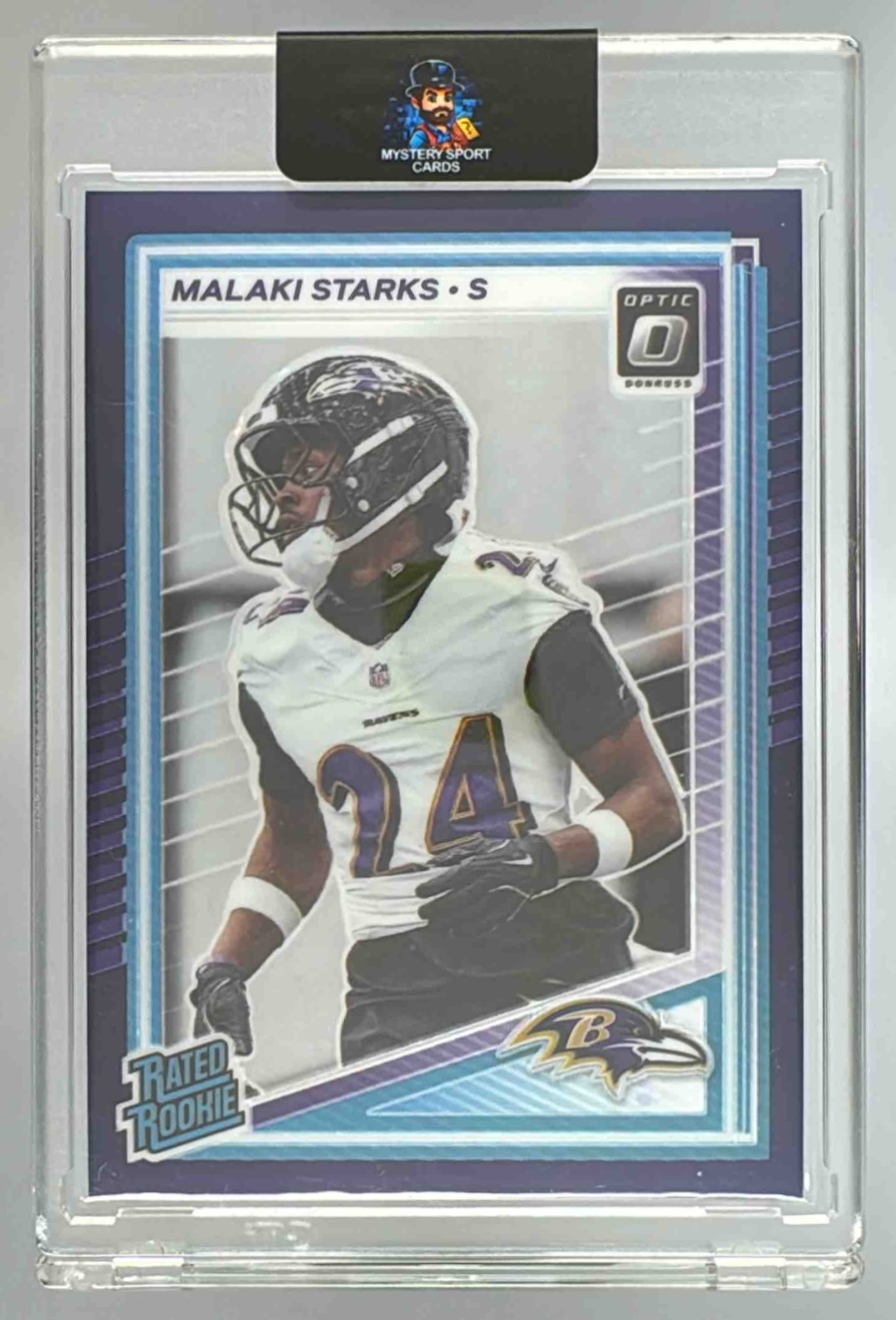 Card image for 2025 Panini Donruss Optic Malaki Starks Rated Rookie Purple Stars Prizm /15 #256 Ravens