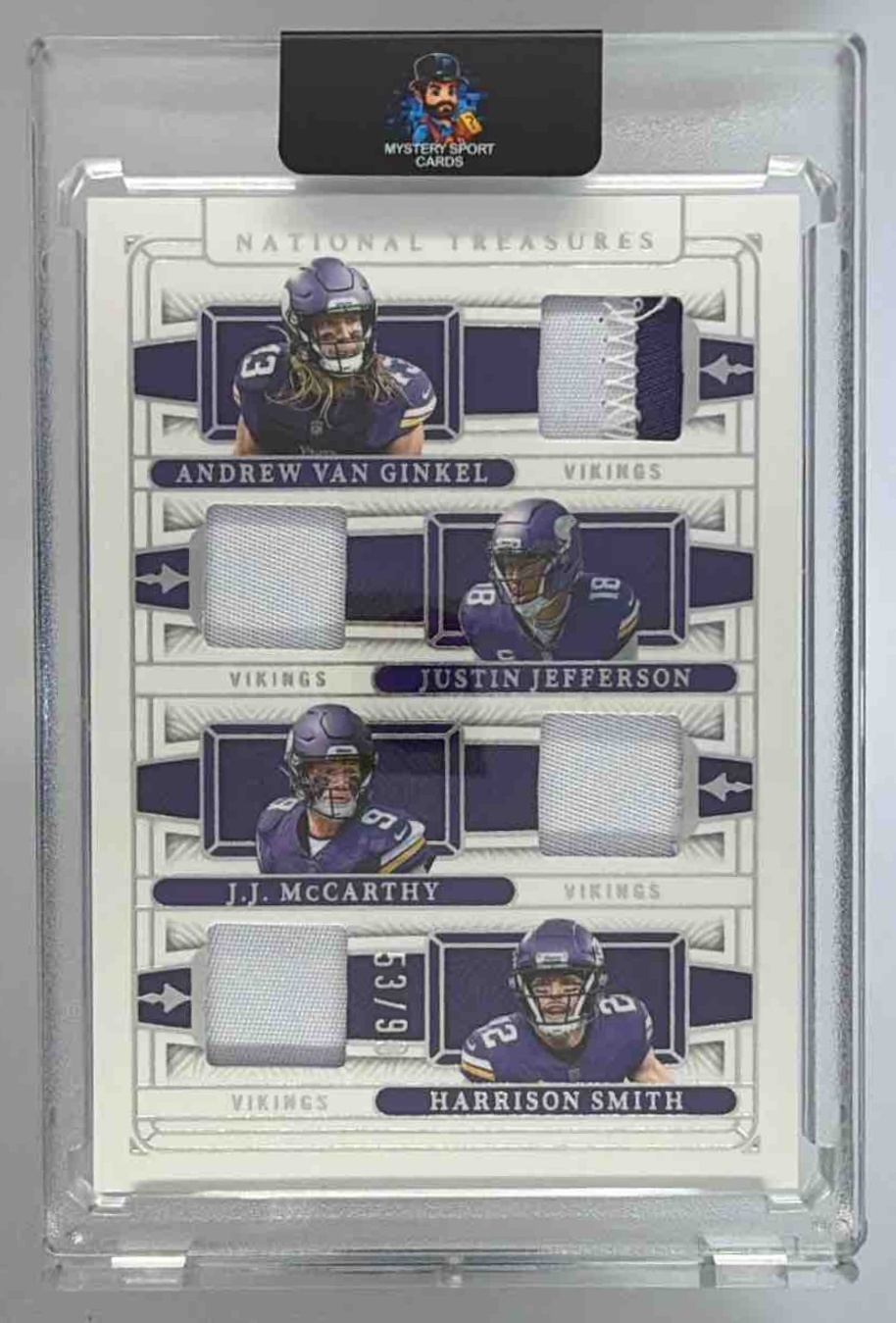 Card image for 2025 Panini National Treasures J.J. McCarthy NFL Shields 1/1 #20 MEM Vikings