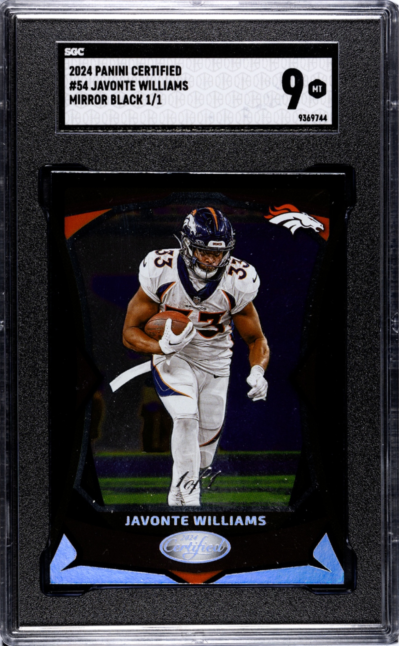 Card image for 2024 Panini Certified Javonte Williams Black Mirror 1/1 #54 Broncos