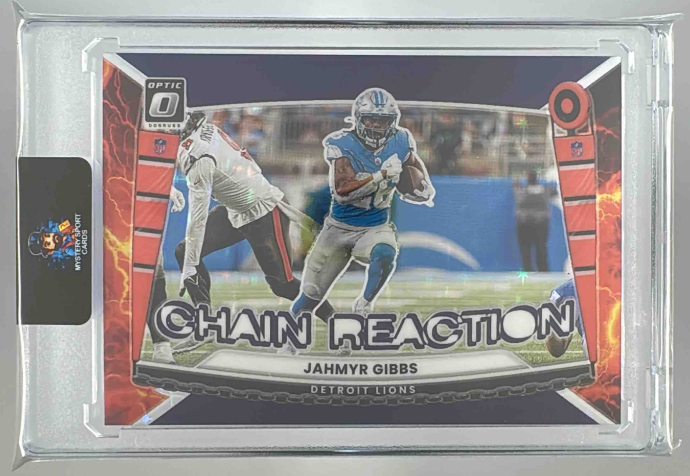 Card image for 2025 Panini Donruss Optic Jahmyr Gibbs Chain Reaction Purple Stars Prizm /25 #5 Lions