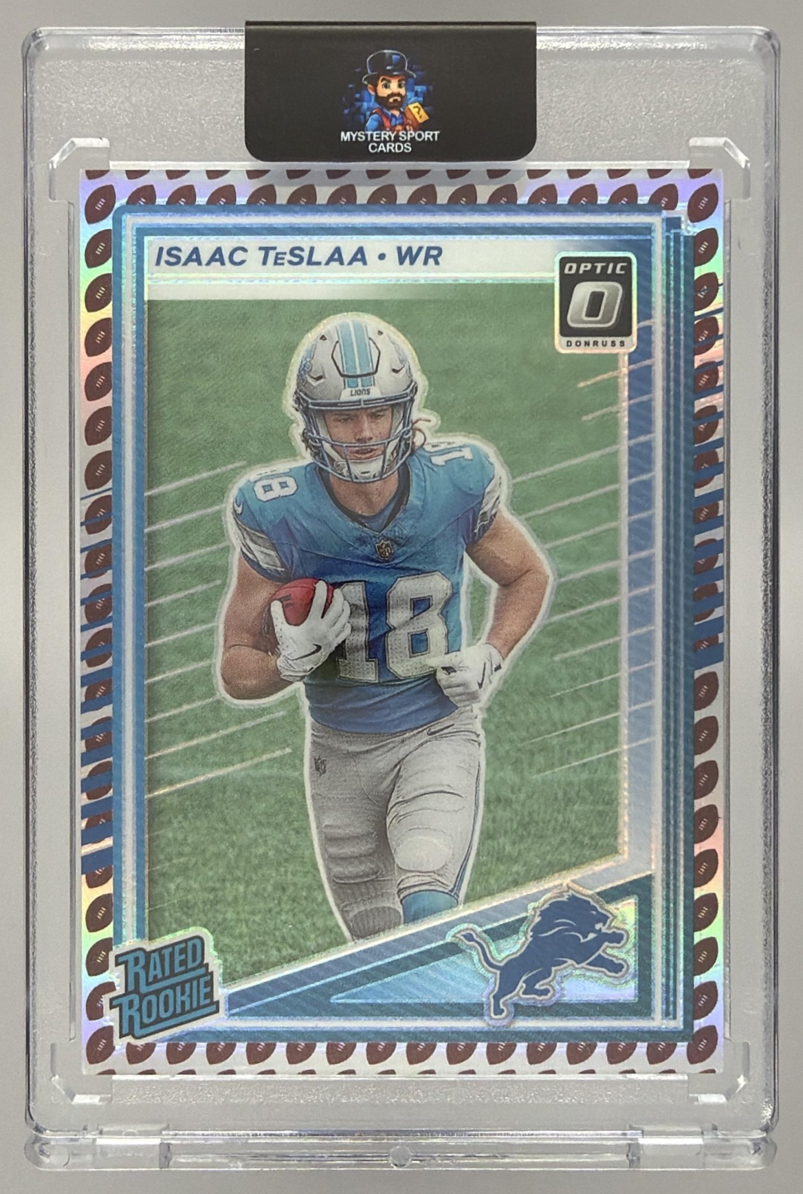 Card image for 2025 Panini Donruss Isaac TeSlaa Optic Rated Rookie Preview Football Emoji #338 RC Lions