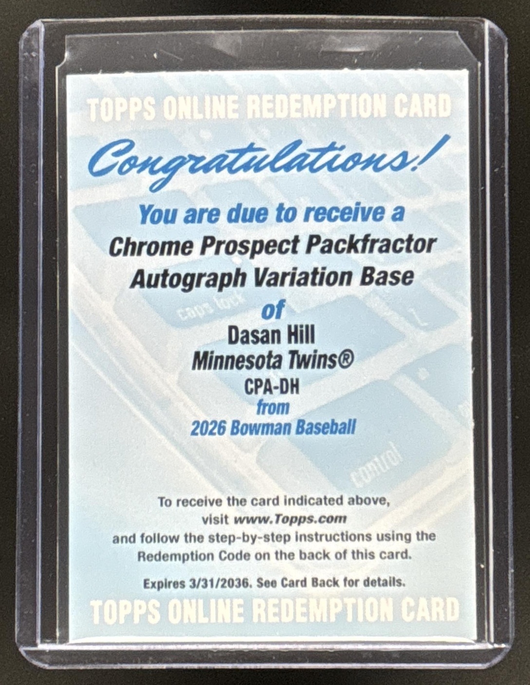 Card image for 2026 Bowman Dasan Hill Chrome Auto PackFractor Variation /89 1st Prospect