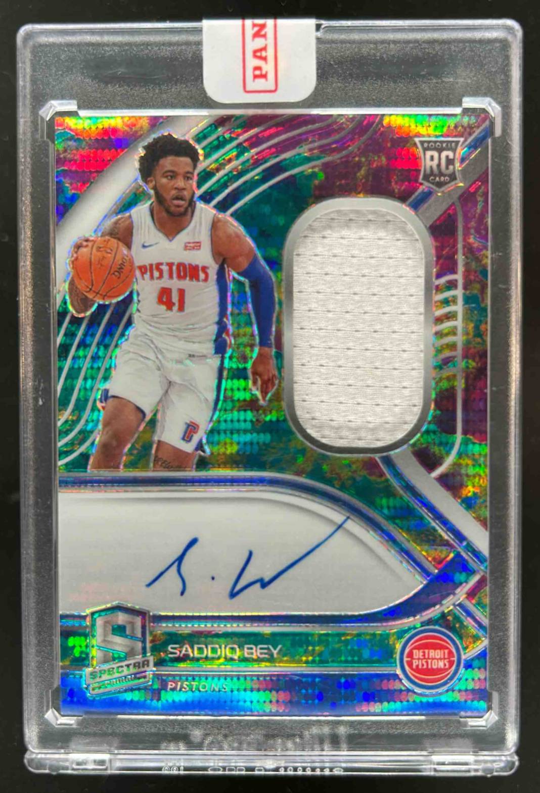 Card image for 2020-21 PANINI SPECTRA SADDIQ BEY CELESTIAL /99 #210 RC AUTO DETROIT PISTONS